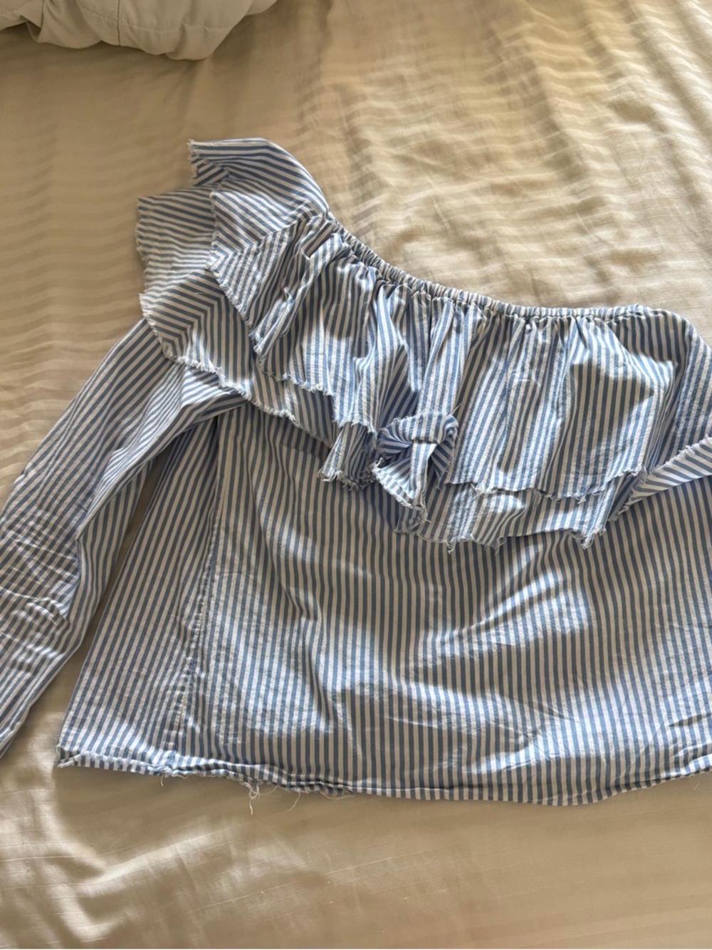 Zara Blue and White Striped Off-Shoulder Ruffle Blouse